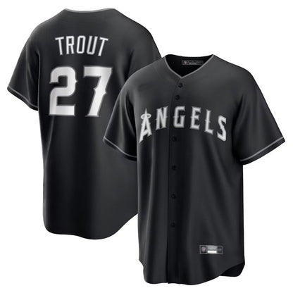 LA.Angels #27 Mike Trout Player Black Lights Out Replica Baseball Jerseys