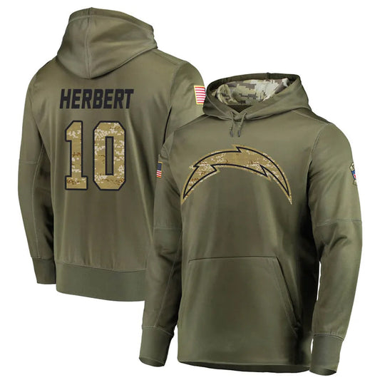 LA.Chargers #10 Justin Herbert Player Salute to Service  Olive Hoodies Game Football Jerseys