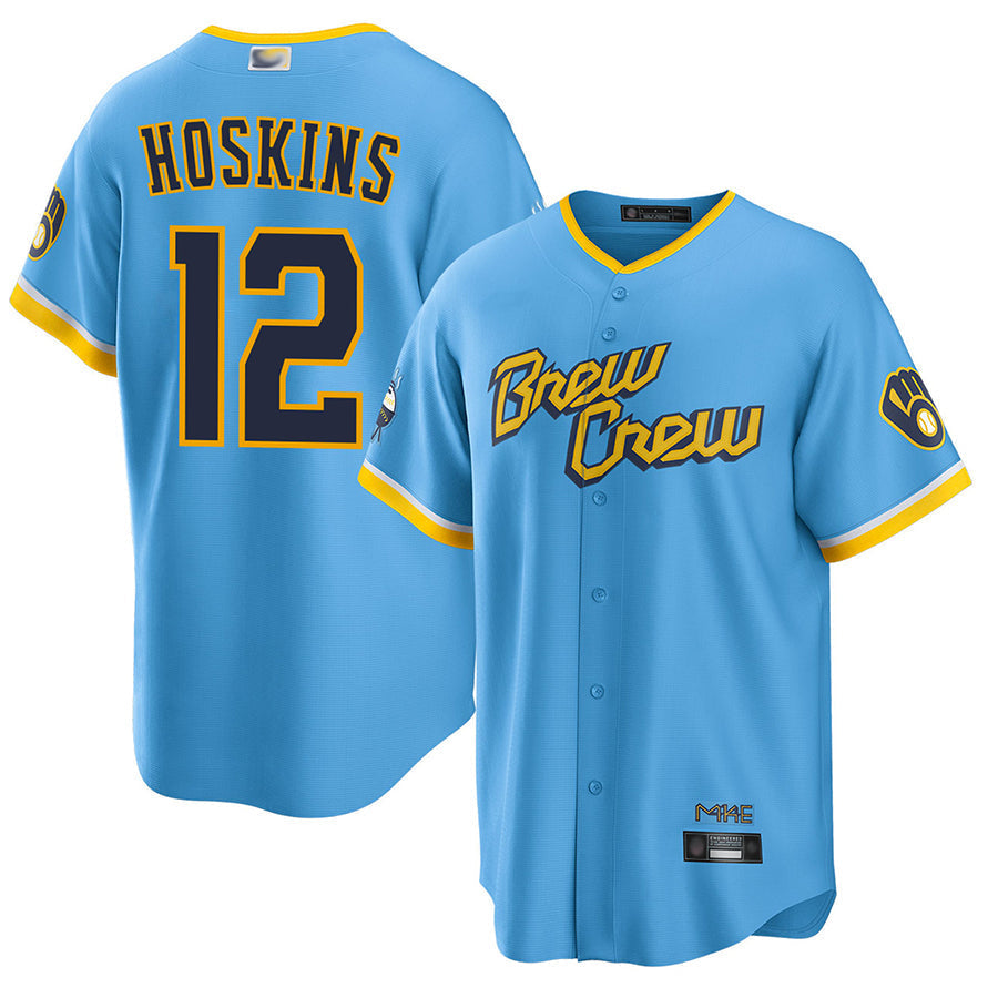 M.Brewers #12 Rhys Hoskins Player Light Blue City Connect Replica Baseball Jerseys