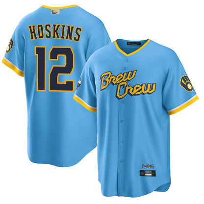 M.Brewers #12 Rhys Hoskins Player Light Blue City Connect Replica Baseball Jerseys