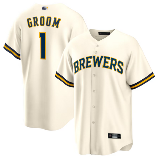 M.Brewers White #1 Groom Player Home Replica Baseball Jerseys