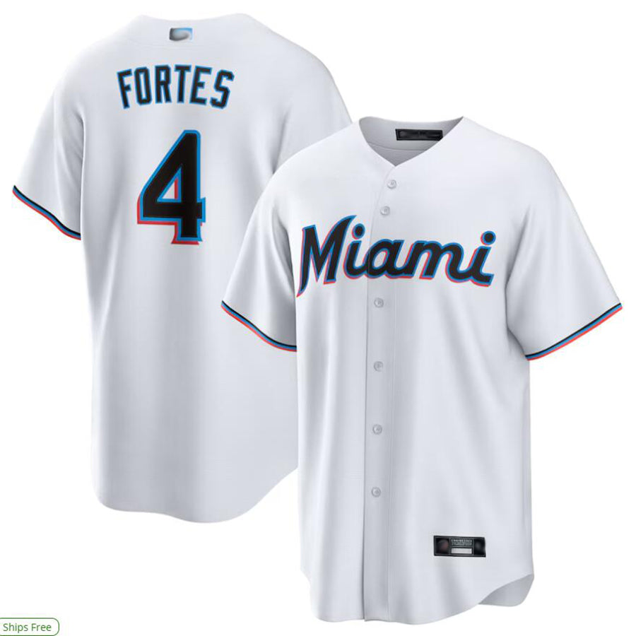 M.Marlins #4 Nick Fortes Player White Home Replica Baseball Jerseys