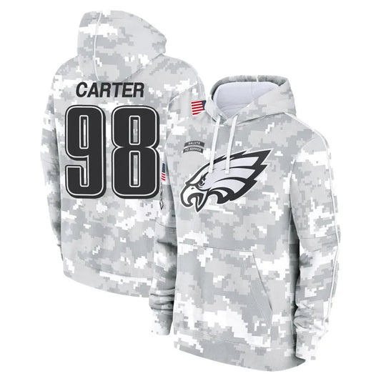 P.Eagles #98 Jalen Carter Player Military Hoodie Arctic Camo Salute To Service Football Jerseys