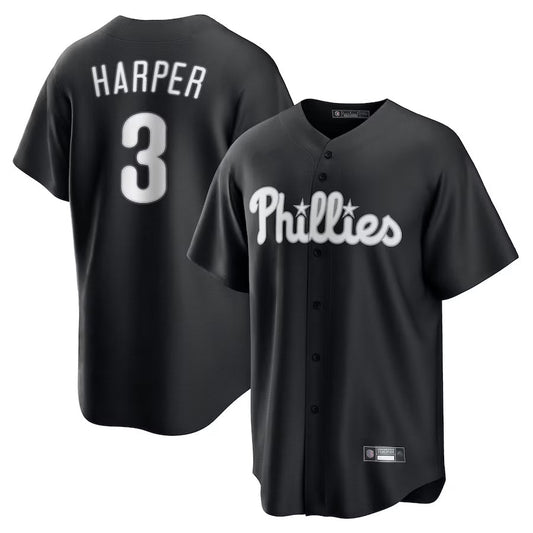 P.Phillies #3 Bryce Harper Player Black Lights Out Replica Baseball Jerseys