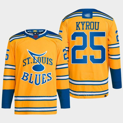 St. L.Blues #25 Jordan Kyrou Player Yellow Reverse Retro Home Hockey Jerseys
